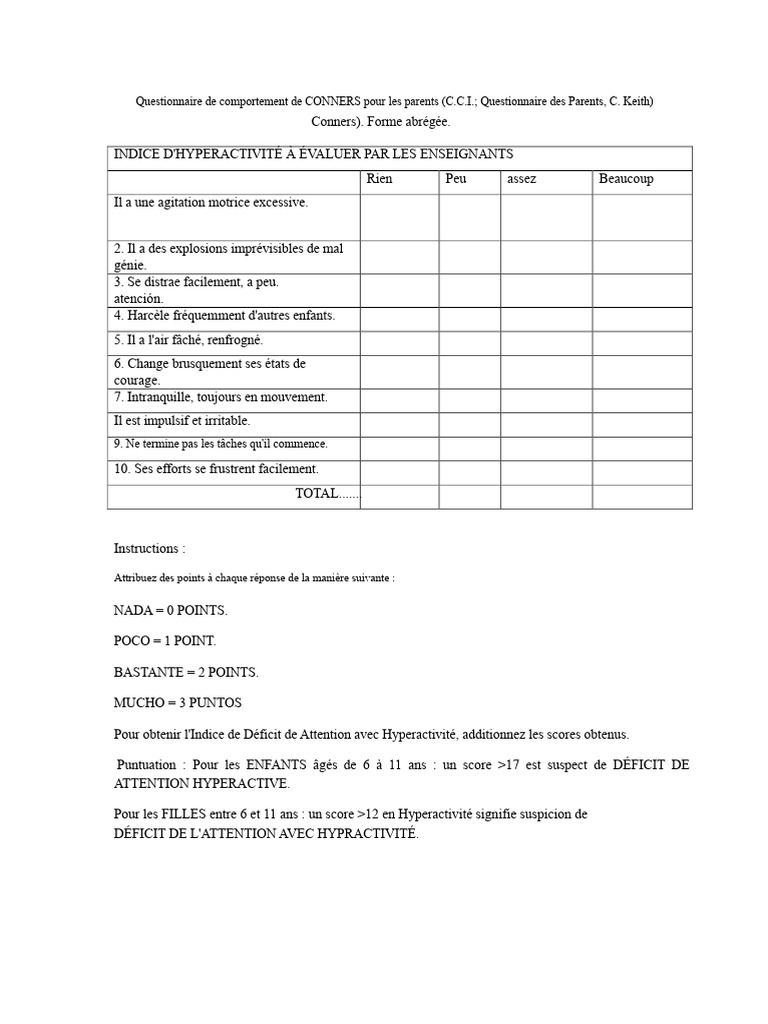 Questionnaire Conners pour évaluer l'ADHD | PDF | Théorie (échecs) | Échecs