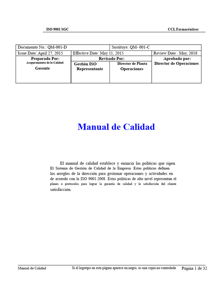 Manual de Calidad ISO 9001 CCL Farmacéuticos | PDF | Sistema de manejo ...