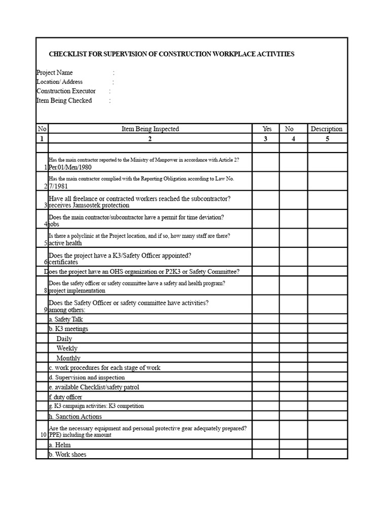 Construction Supervision Checklist Guide | PDF | Personal Protective ...