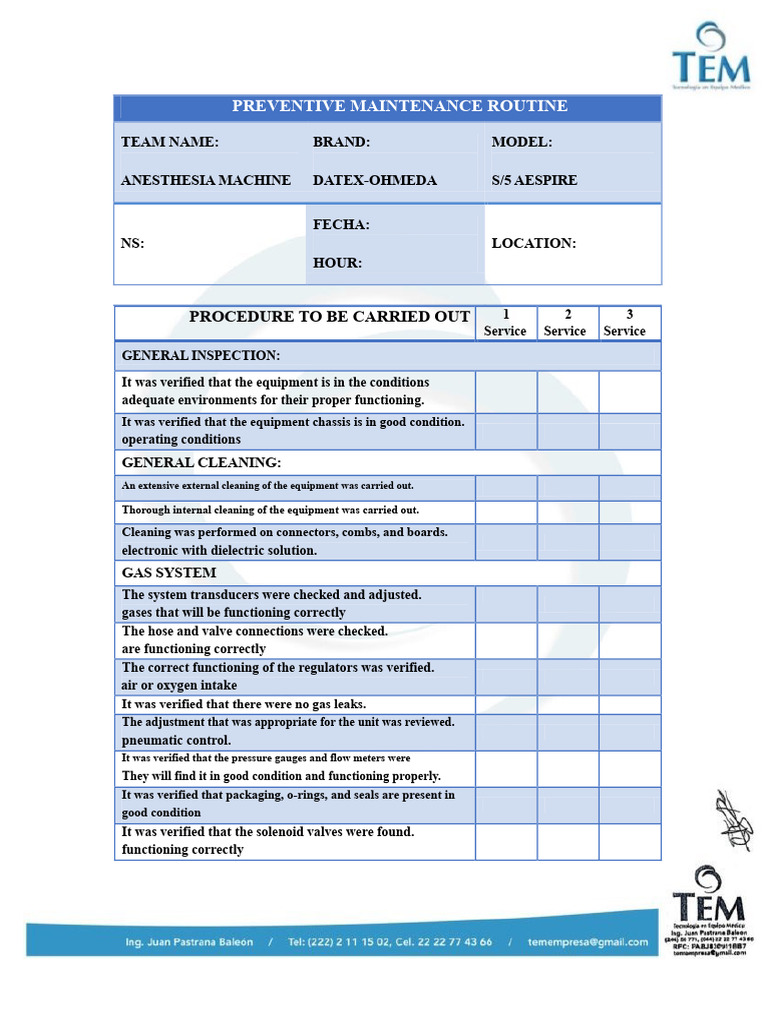 Anesthesia Machine Maintenance Checklist | PDF | Valve | Equipment