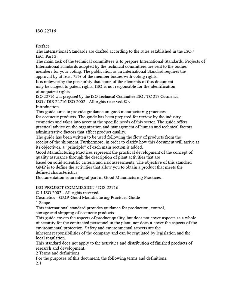 ISO 22716: Cosmetics GMP Guidelines | PDF | International Organization ...