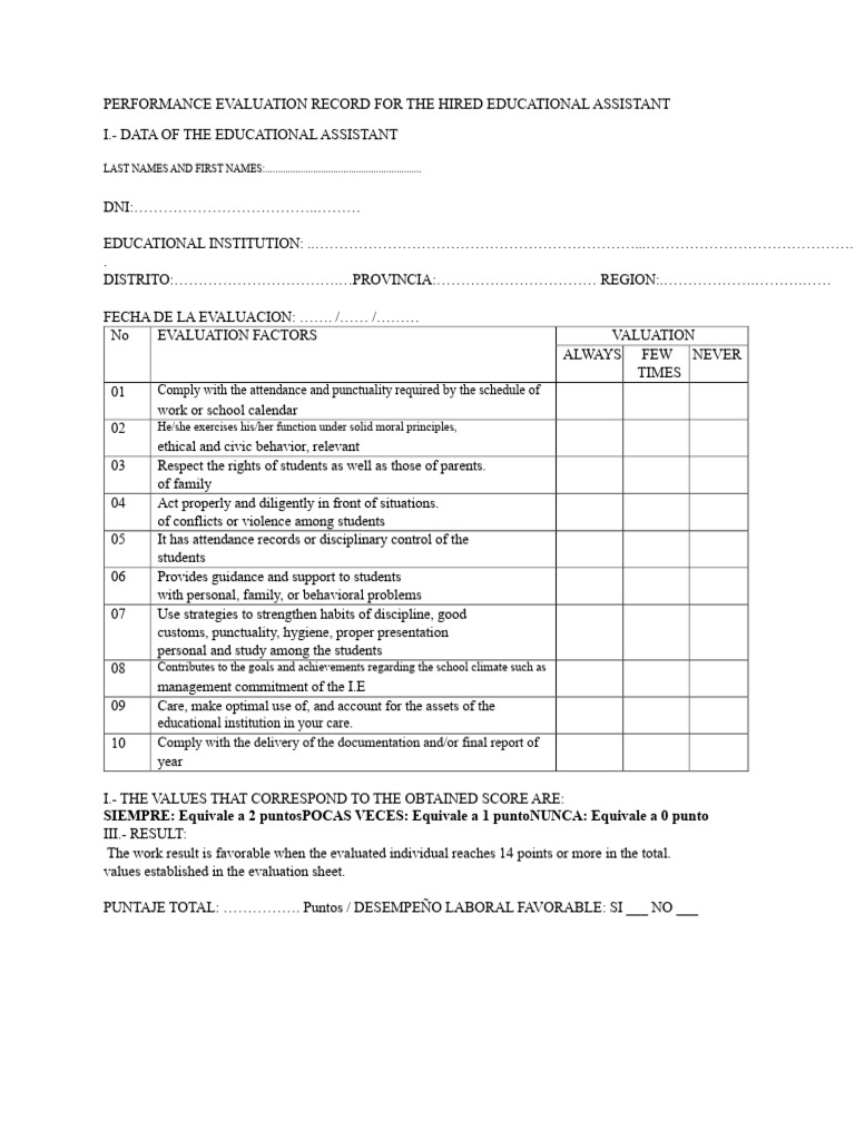 Performance Evaluation Form For The Hired Education Assistant | PDF
