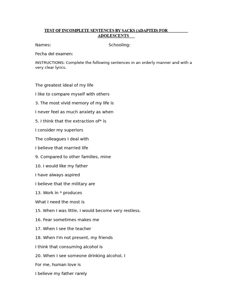 Incomplete Sentences Test for Adolescents | PDF