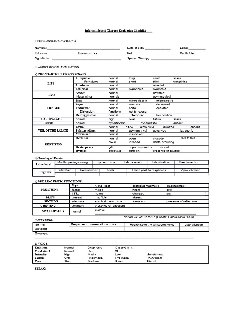 Speech Therapy Evaluation Checklist | PDF | Speech | Phonetics