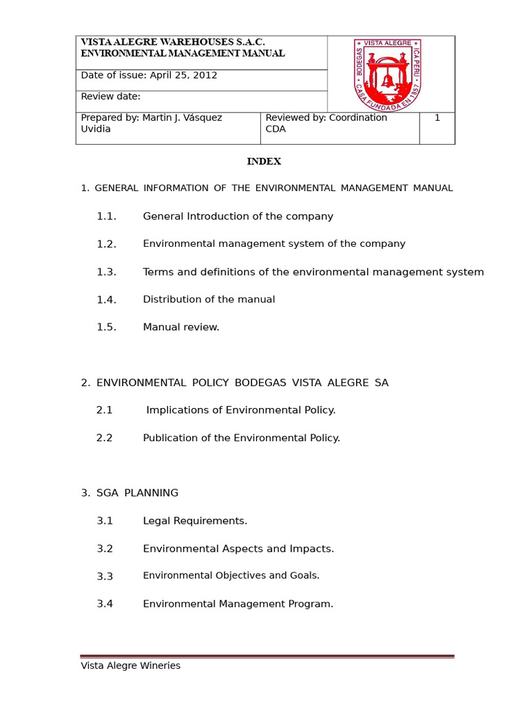 Vista Alegre Environmental Management Manual | PDF | Pollution | Audit