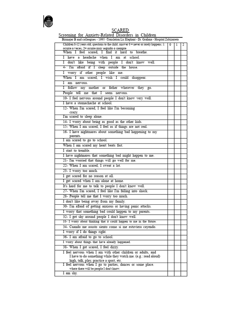 SCARED Scale For Childhood Anxiety Disorders | PDF