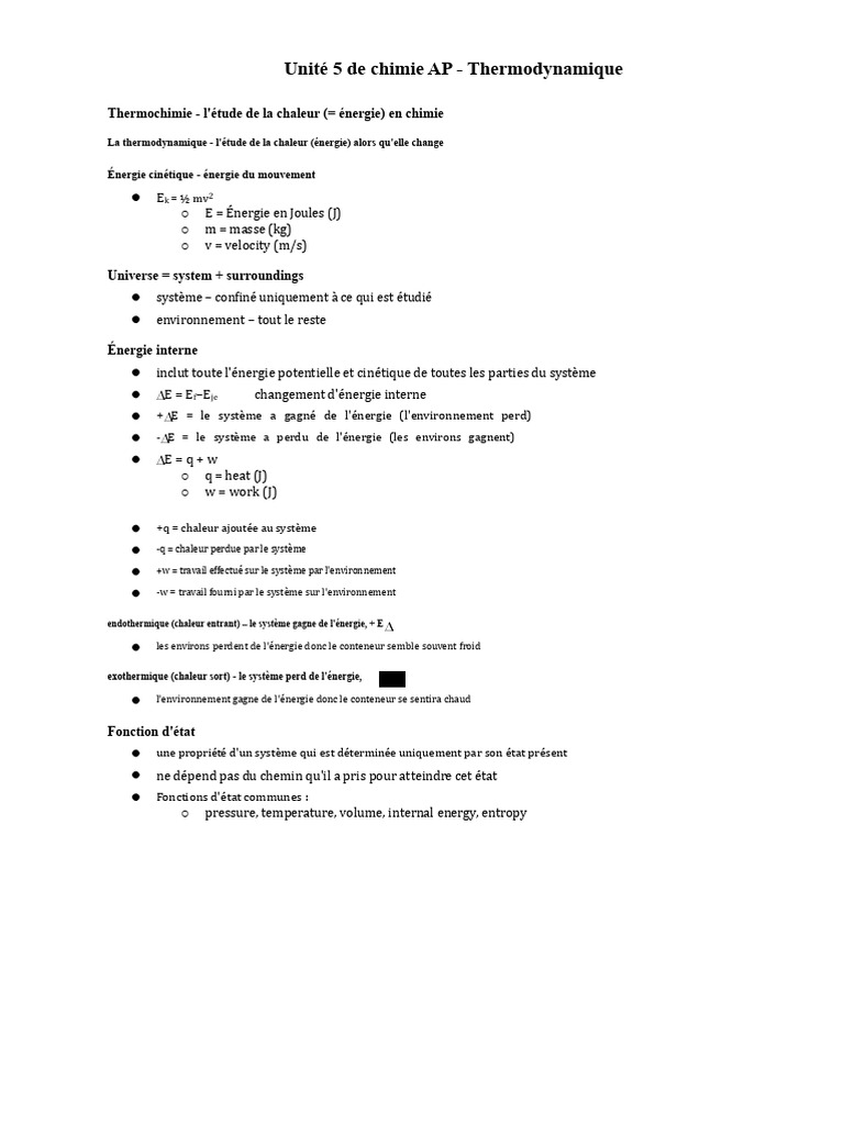 Thermodynamique en Chimie AP : Concepts Clés | PDF | Chaleur | Enthalpie