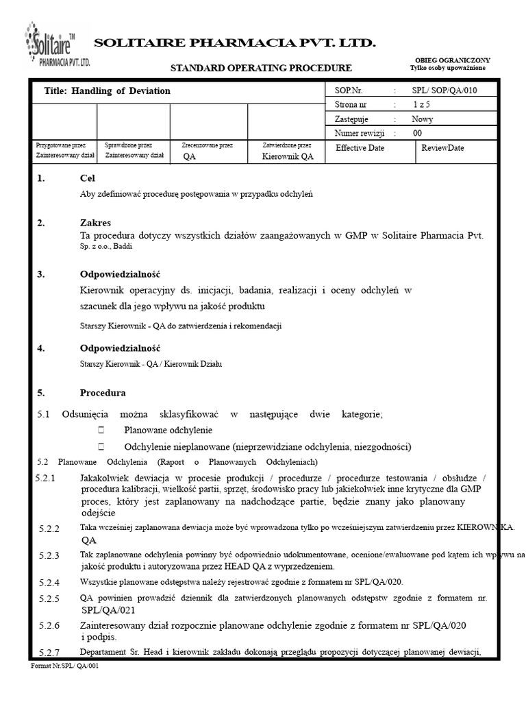 SOP QA 010 00 Obsługa Odchyleń | PDF