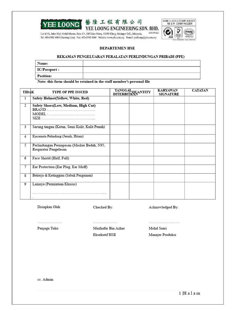 Rekaman PPE Karyawan HSE 2023 | PDF