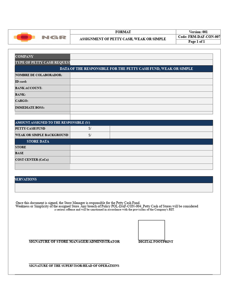 Petty Cash Assignment Form Template | PDF