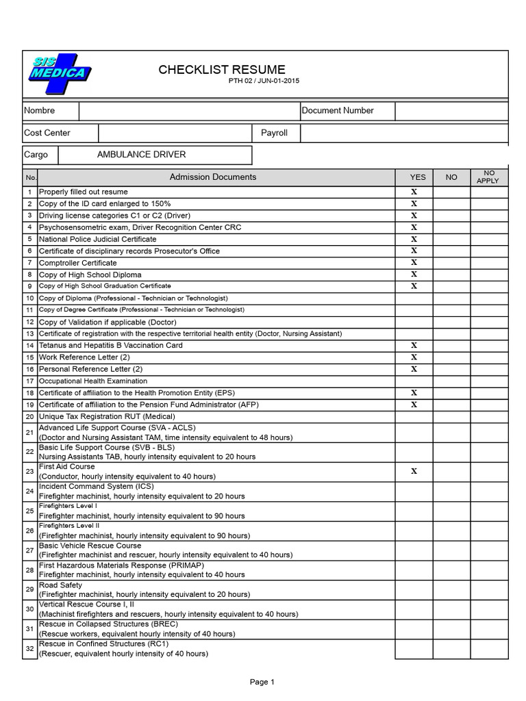 Ambulance Driver Checklist | PDF | Firefighter | Driver's License