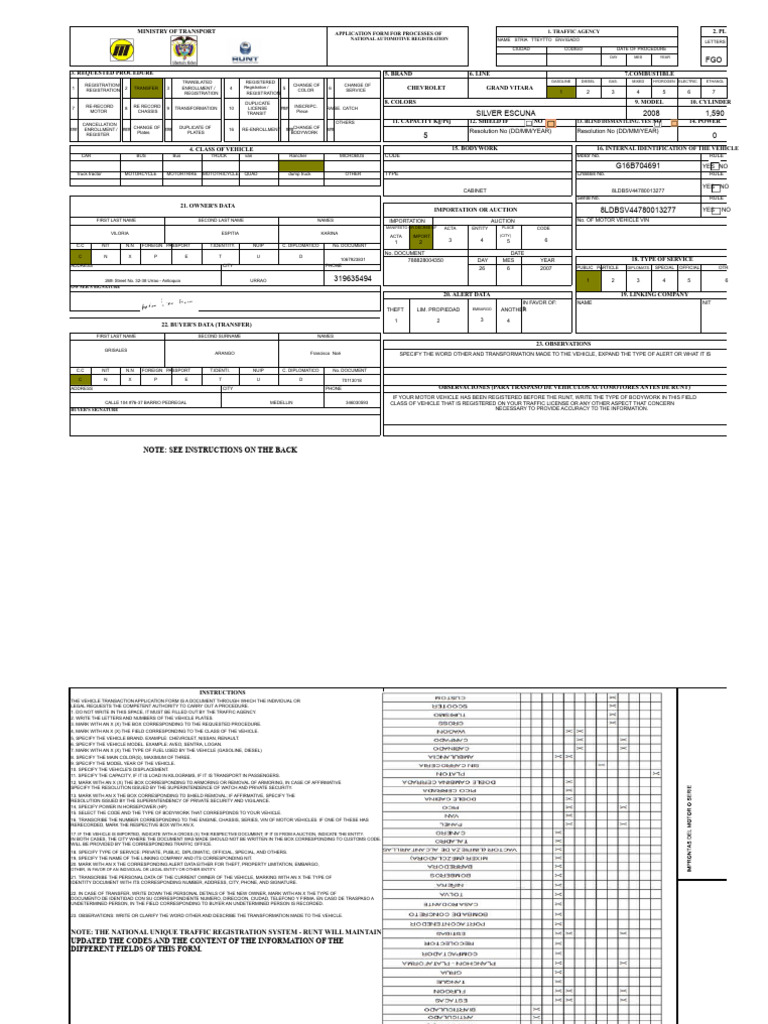 National Automotive Registration Form | PDF | Vehicles | Transport