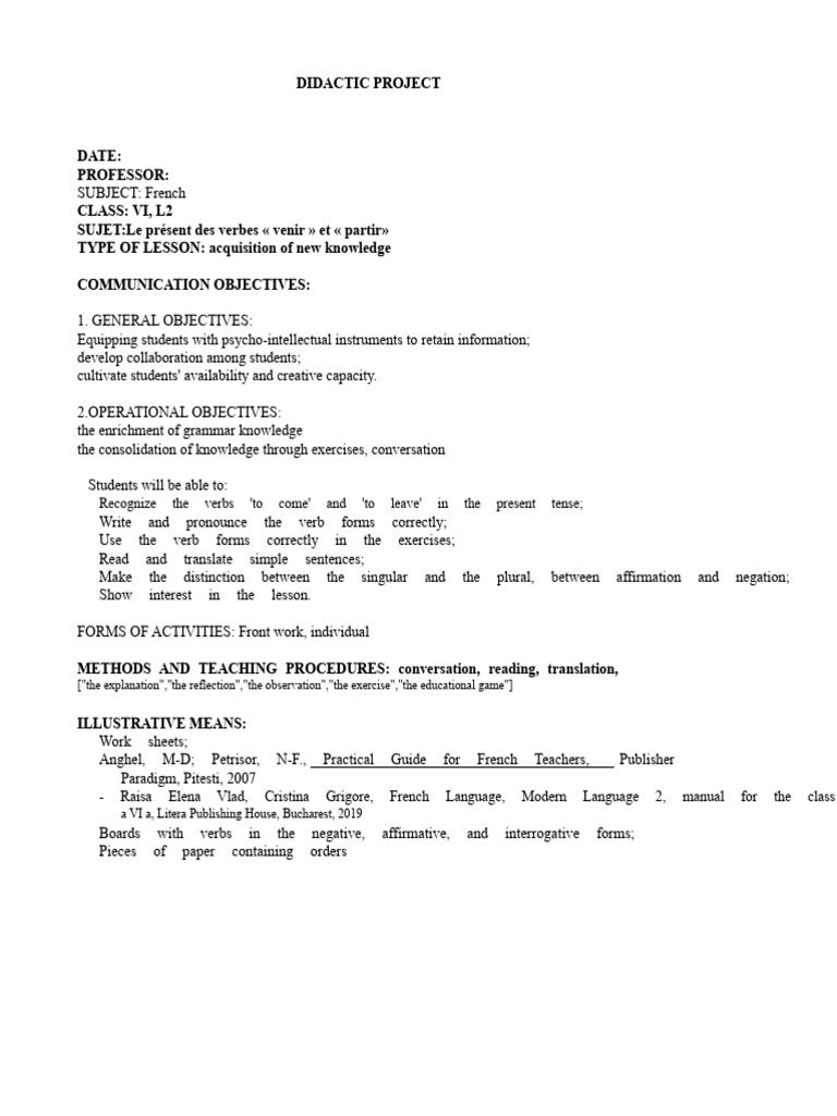 Teaching Project Verbs Come and Leave | PDF | French Language | Linguistics