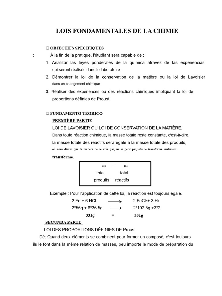 Lois fondamentales de la chimie en laboratoire | PDF | Chimie ...