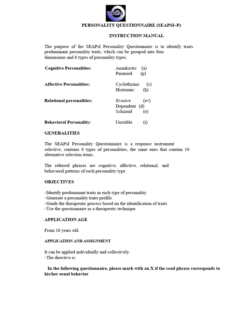 SEAPsI Personality Questionnaire Manual | PDF | Emotions | Affect ...