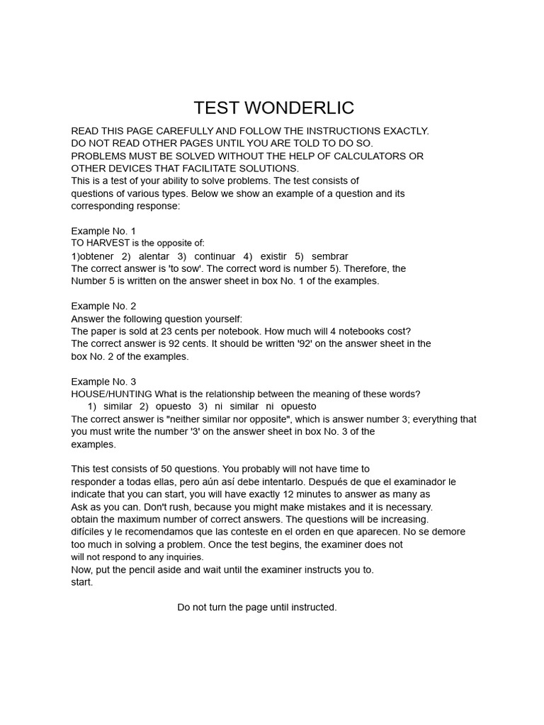 Wonderlic Test Instructions and Examples | PDF | Tests