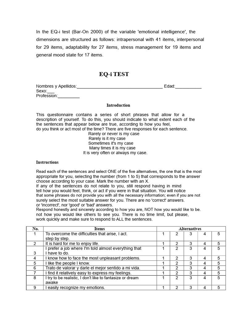 EQ-i Emotional Intelligence Questionnaire | PDF | Emotional ...