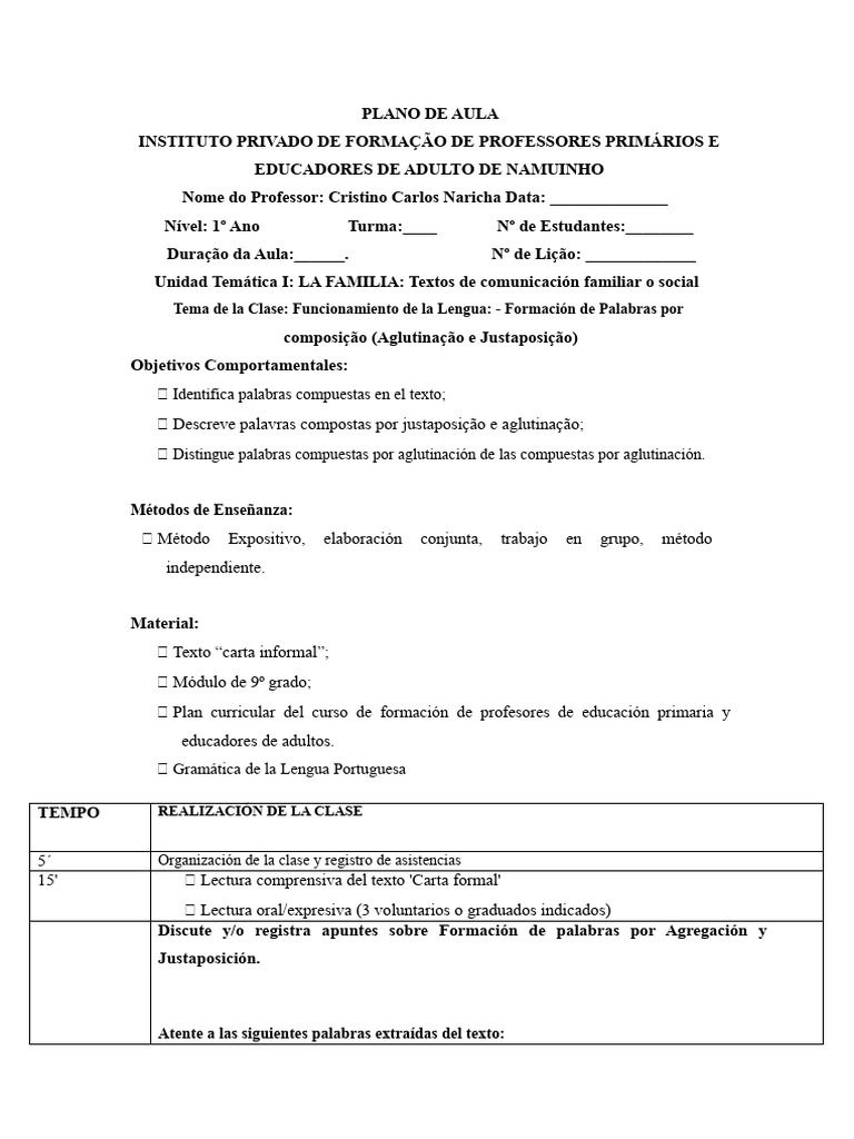 PLAN DE CLASE - Proceso de Formación de Palabras | PDF | Aprendizaje ...