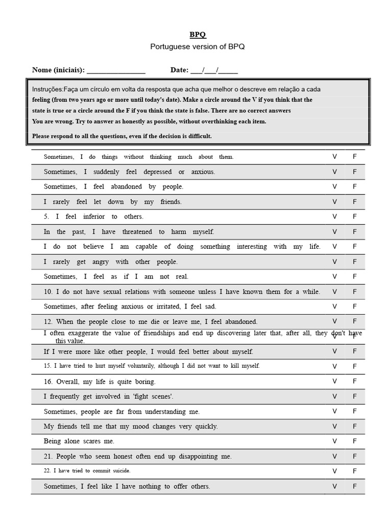 BPQ and Beck Depression Inventory | PDF | Psychology | Behavioural Sciences