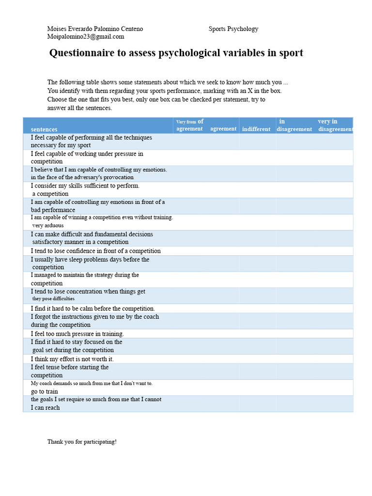 Sports Psychology Performance Questionnaire | PDF