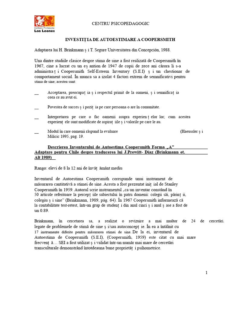 Testul Coopersmith Pentru Copii | PDF
