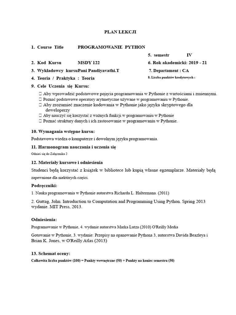 Plan Lekcji - Python | PDF