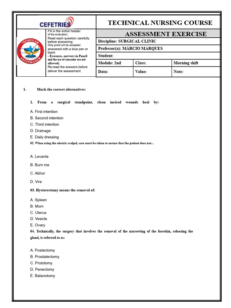 Surgical Clinic Nursing Exam Third Trimester-1 | PDF | Shock ...