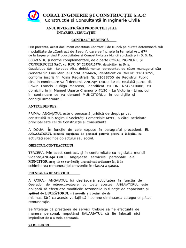 Contract Operator de Mașini EDWIN ZUÑIGA CICSAC | PDF