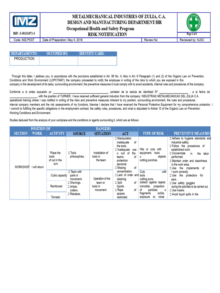 Risk Notification 2 | PDF | Occupational Safety And Health | Welding