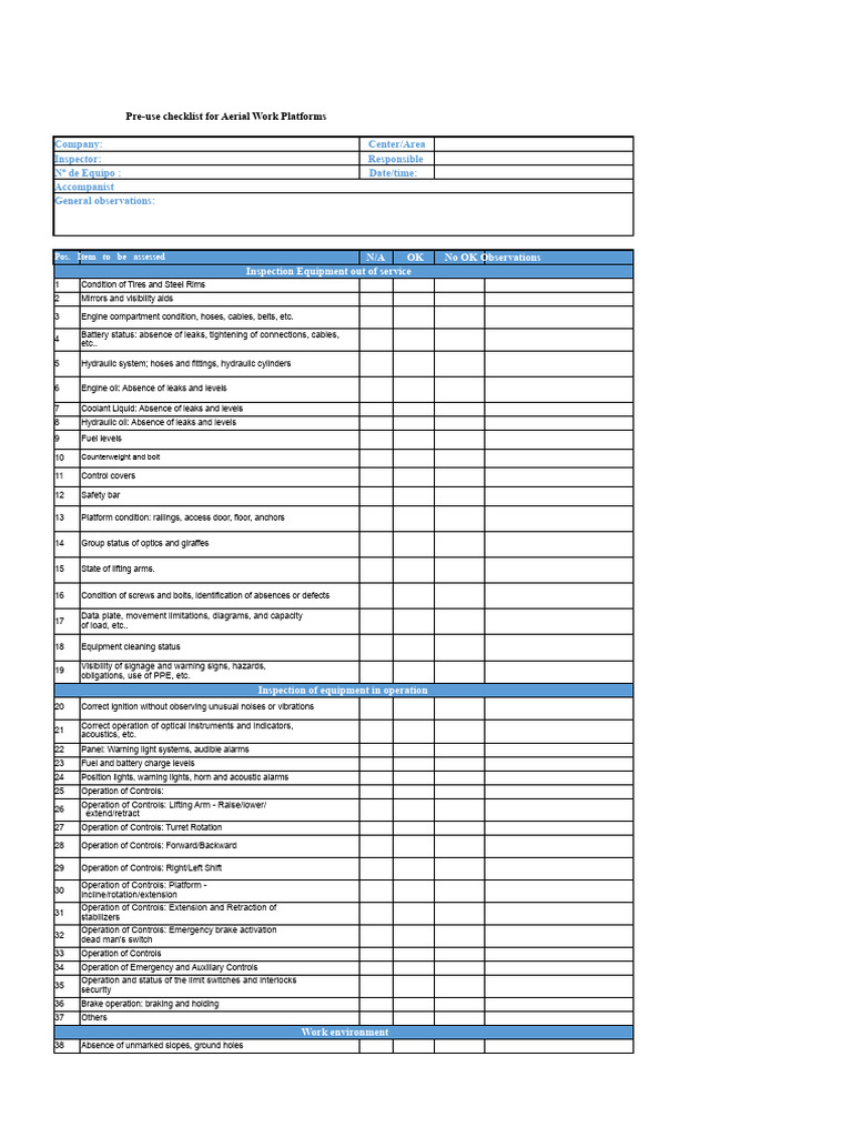 Aerial Work Platform Pre-Use Checklist | PDF