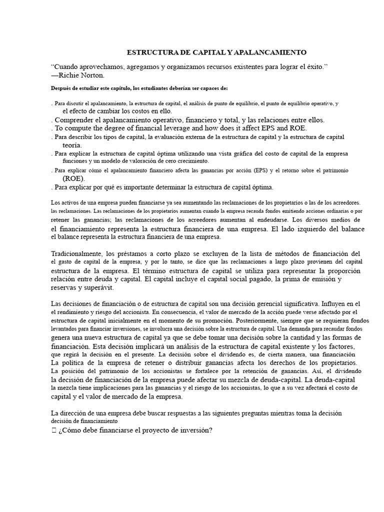 Estructura de Capital y Apalancamiento | PDF | Apalancamiento (Finanzas ...