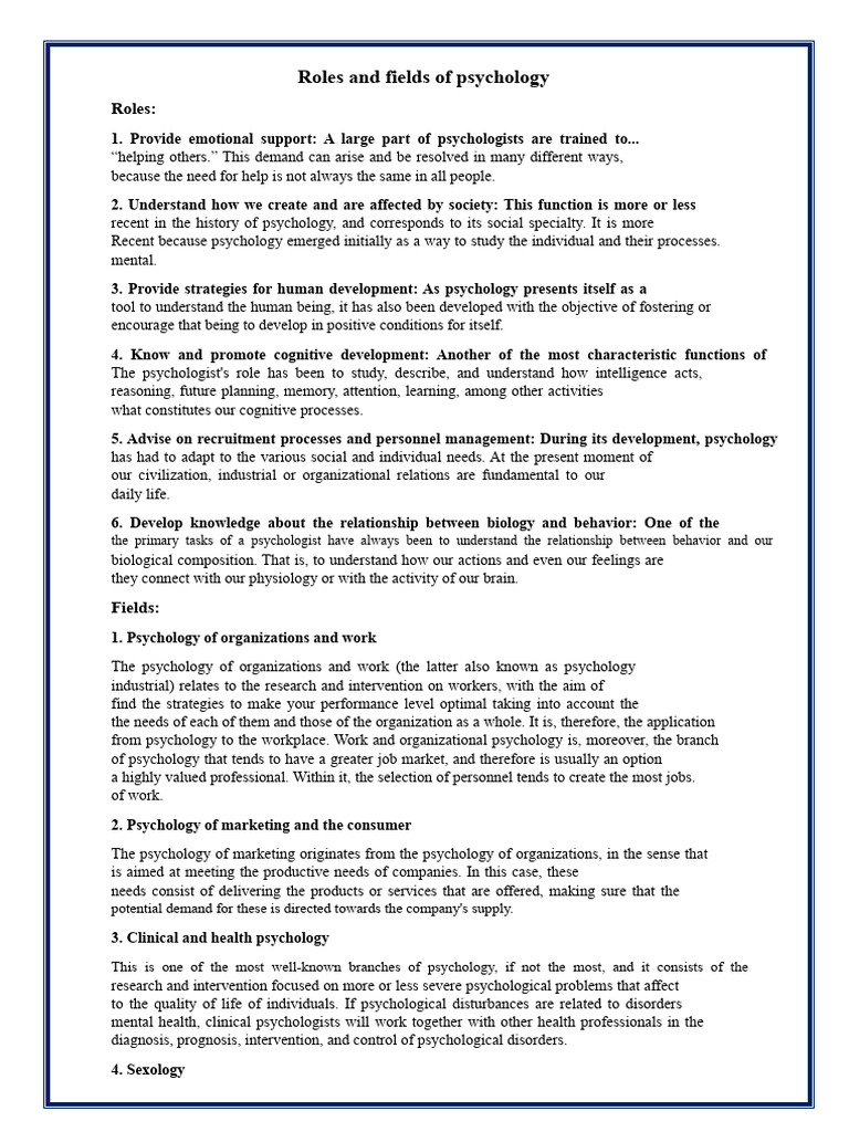 Roles and Fields of Psychology | PDF | Psychology | Psychologist