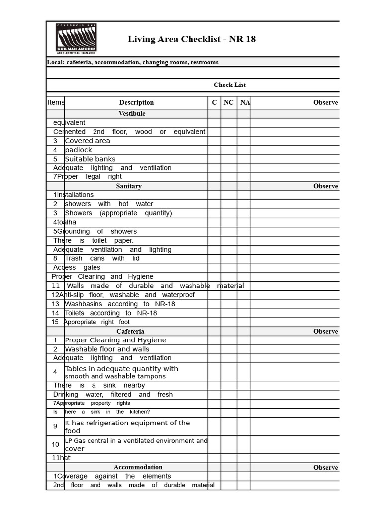 Checklist Living Area NR 18 | PDF | Public Toilet | Sink