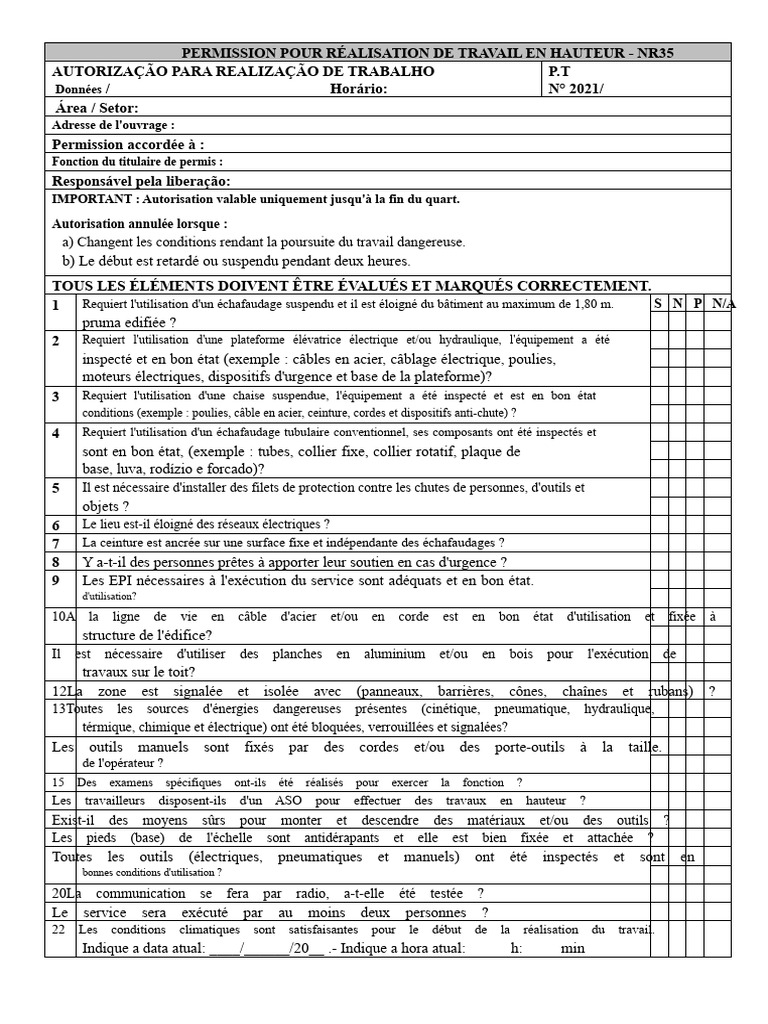 Autorisation de Travail en Hauteur NR35 | PDF