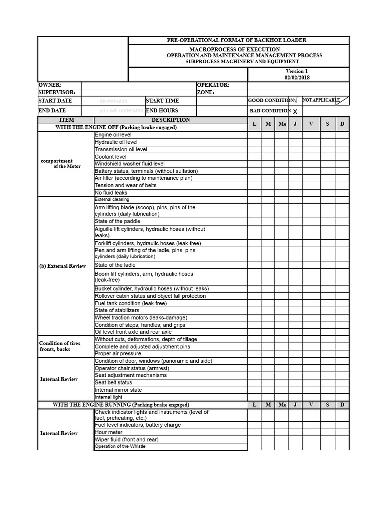 Backhoe Loader Pre-Operational Checklist | PDF | Loader (Equipment ...