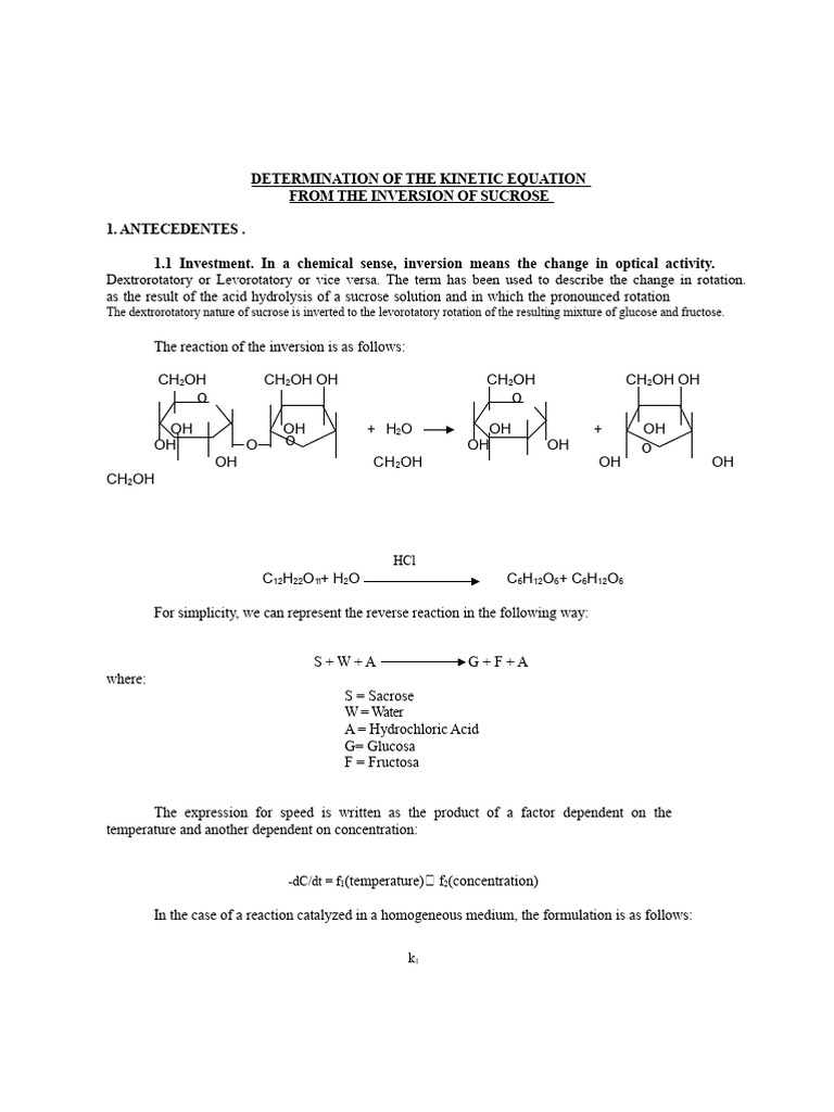 Kinetic Equation for Sucrose Inversion | PDF