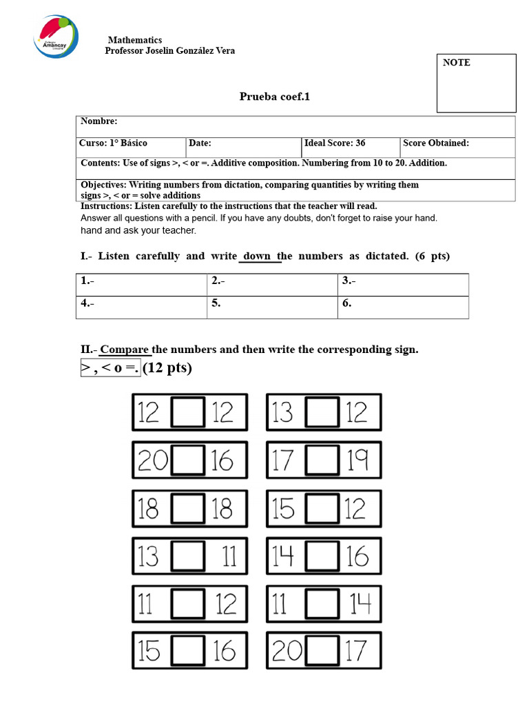 Basic Math Test for 1st Grade | PDF