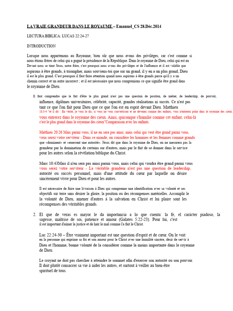 Grandeur et service dans le Royaume de Dieu | PDF | Dieu | Jésus