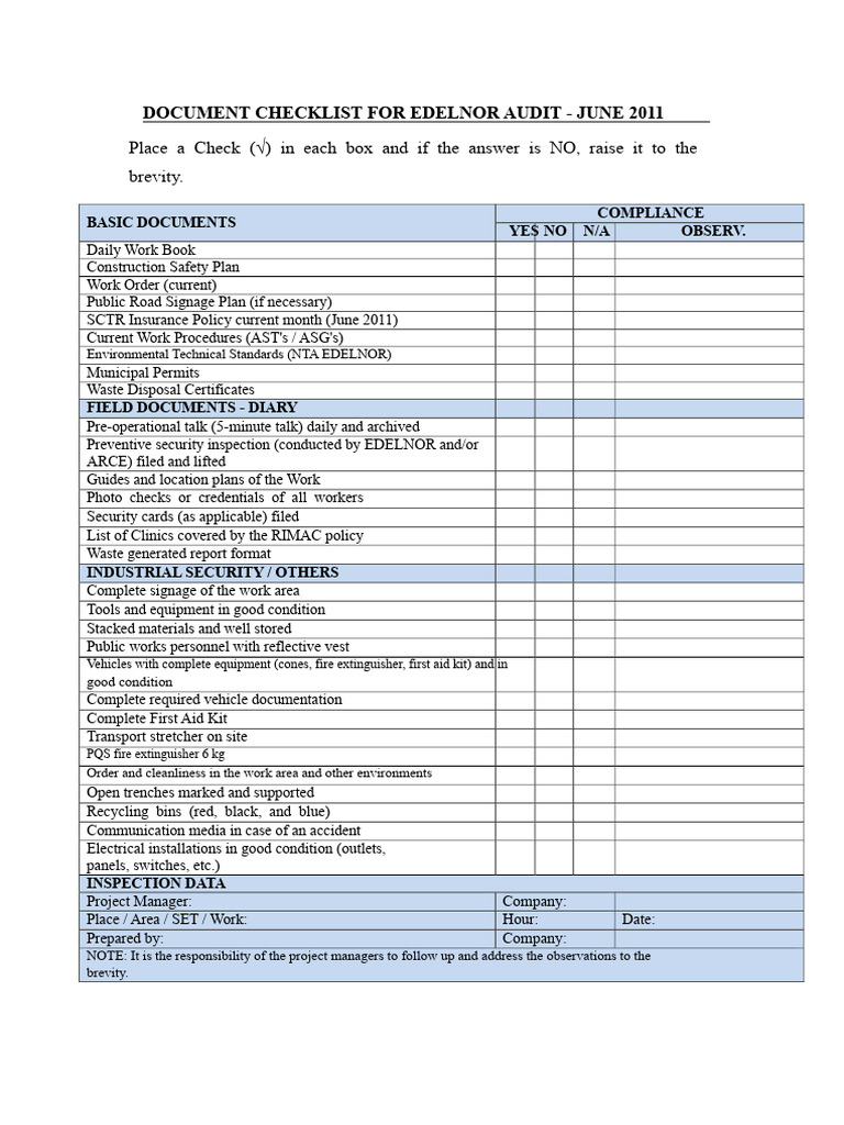 Edelnor Audit Document Checklist 2011 | PDF
