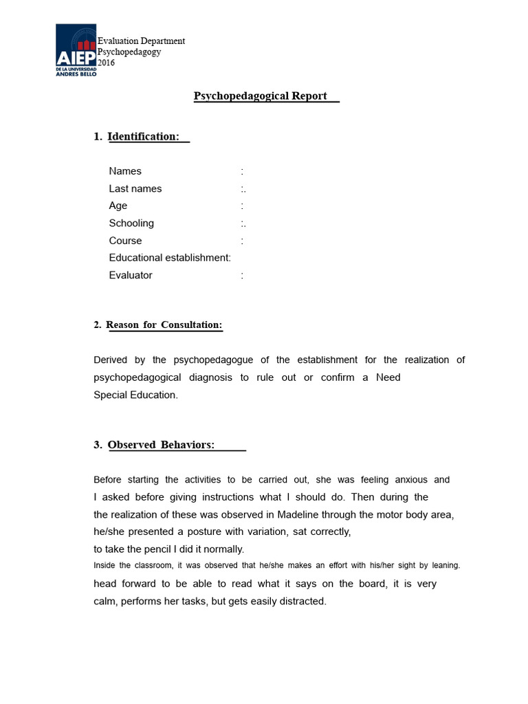 Psychopedagogical Evaluation Report | PDF | Educational Psychology ...