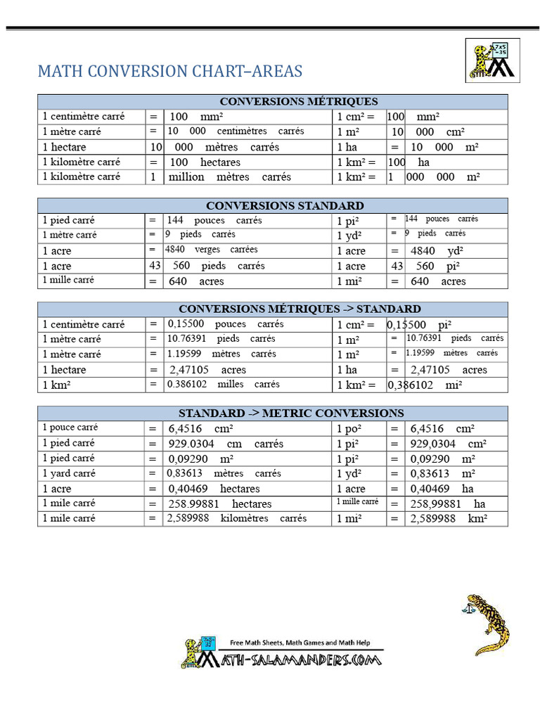 Tableau de conversion des surfaces métriques et standards | PDF