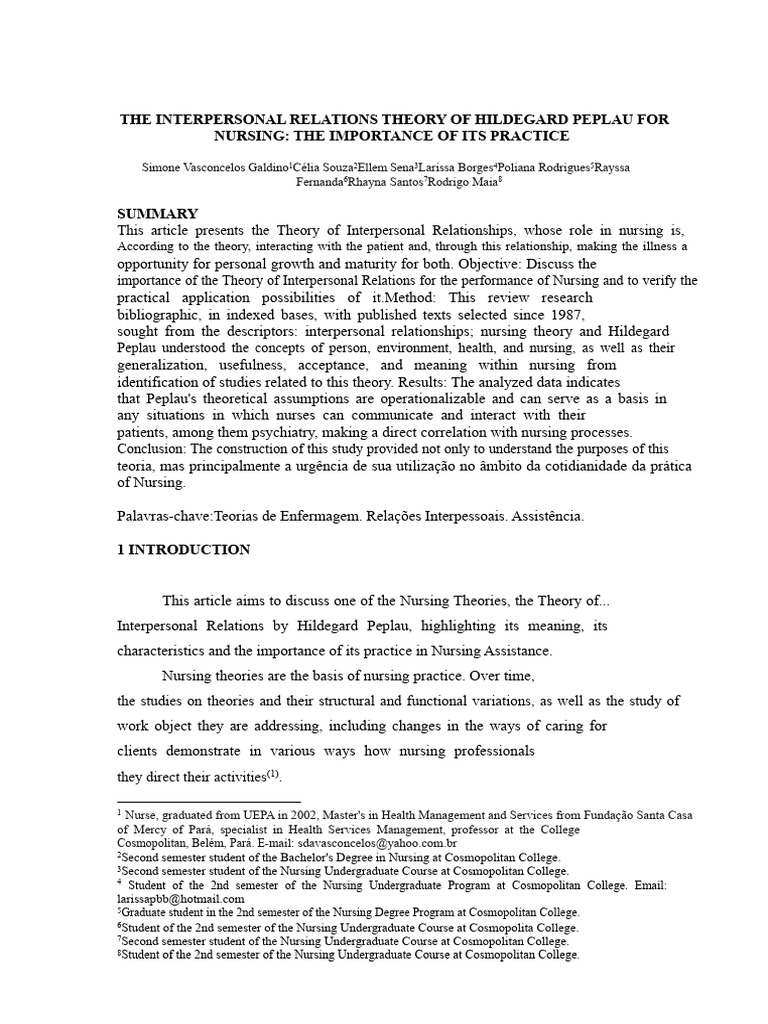 Article - Hildegard Peplau's Theory of Interpersonal Relations For ...