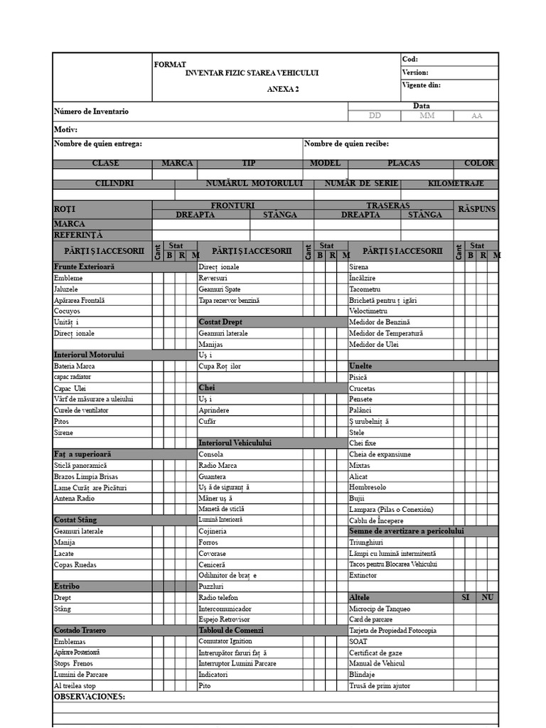 Format Inventar Echipament Vehicul | PDF