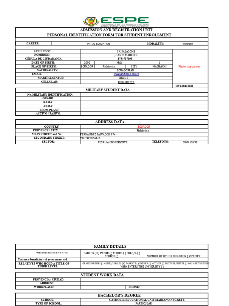 Student Enrollment Personal Identification Form | PDF