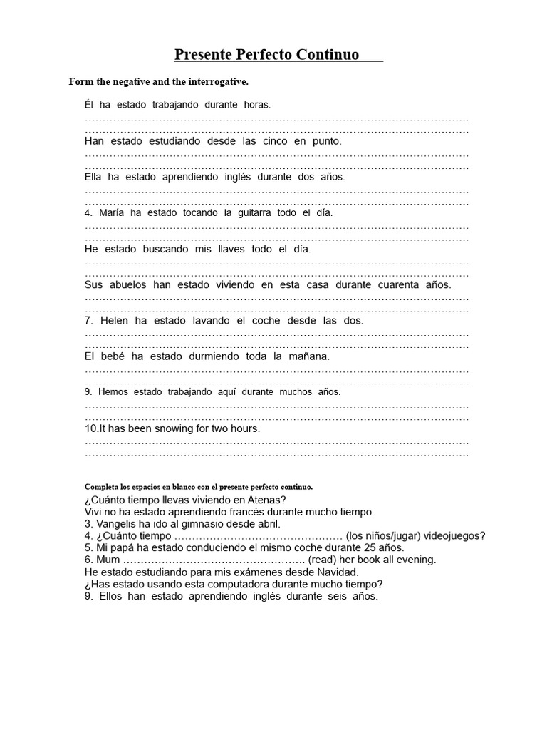 Ejercicios de Inglés - Presente Perfecto Continuo | PDF