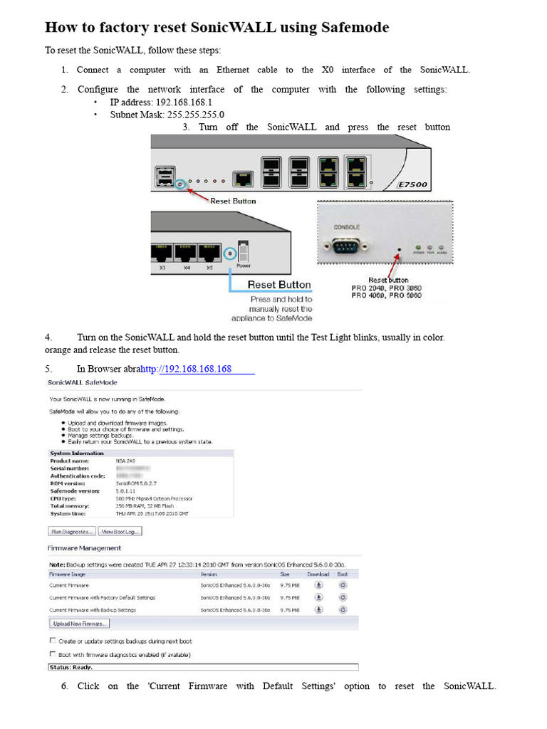Factory Reset SonicWALL in Safe Mode | PDF