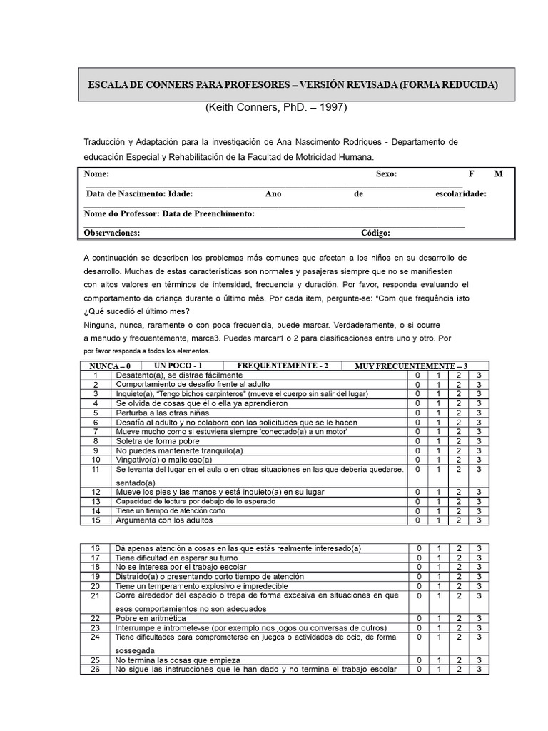 Escala Conners para Evaluación Docente | PDF | Ciencias del comportamiento