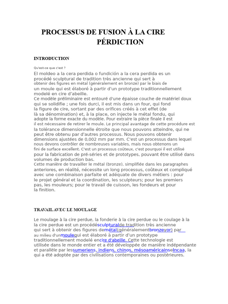 Fonderie à la cire perdue : Guide complet | PDF | Matériaux | Métaux