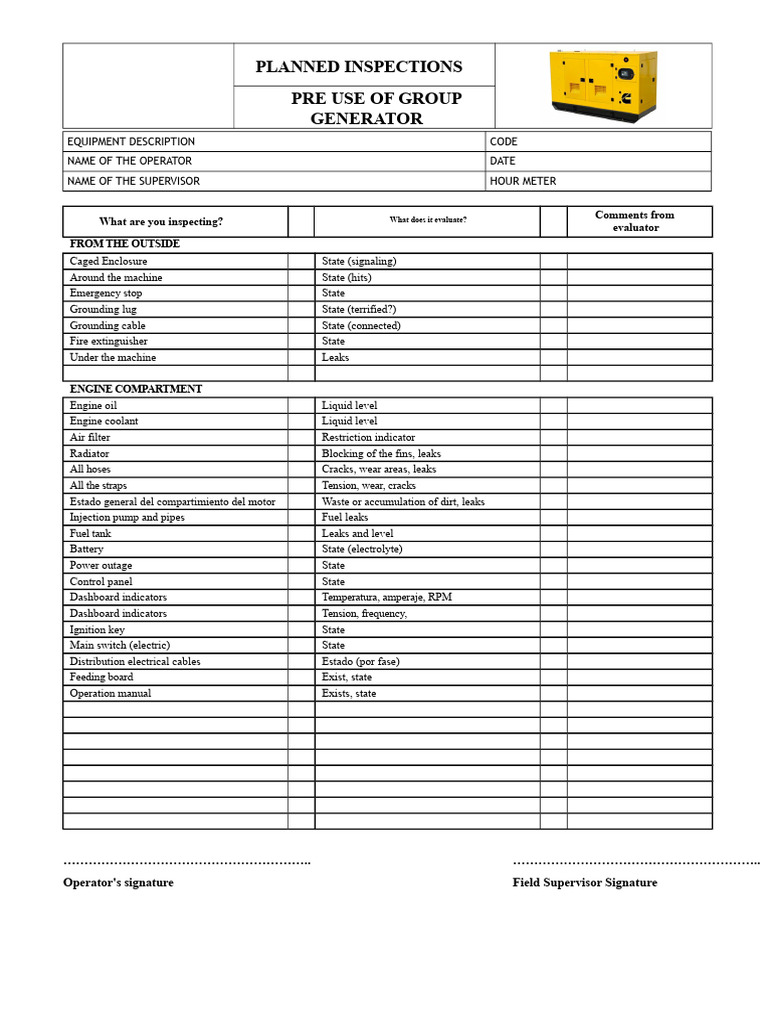 Generator Equipment Inspection Checklist | PDF | Mechanical Engineering