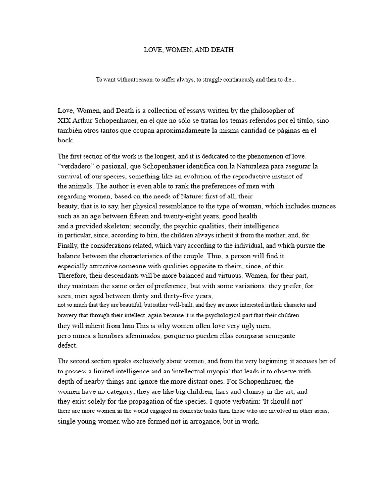 Schopenhauer on Love, Women, and Death | PDF | Arthur Schopenhauer | Suffering